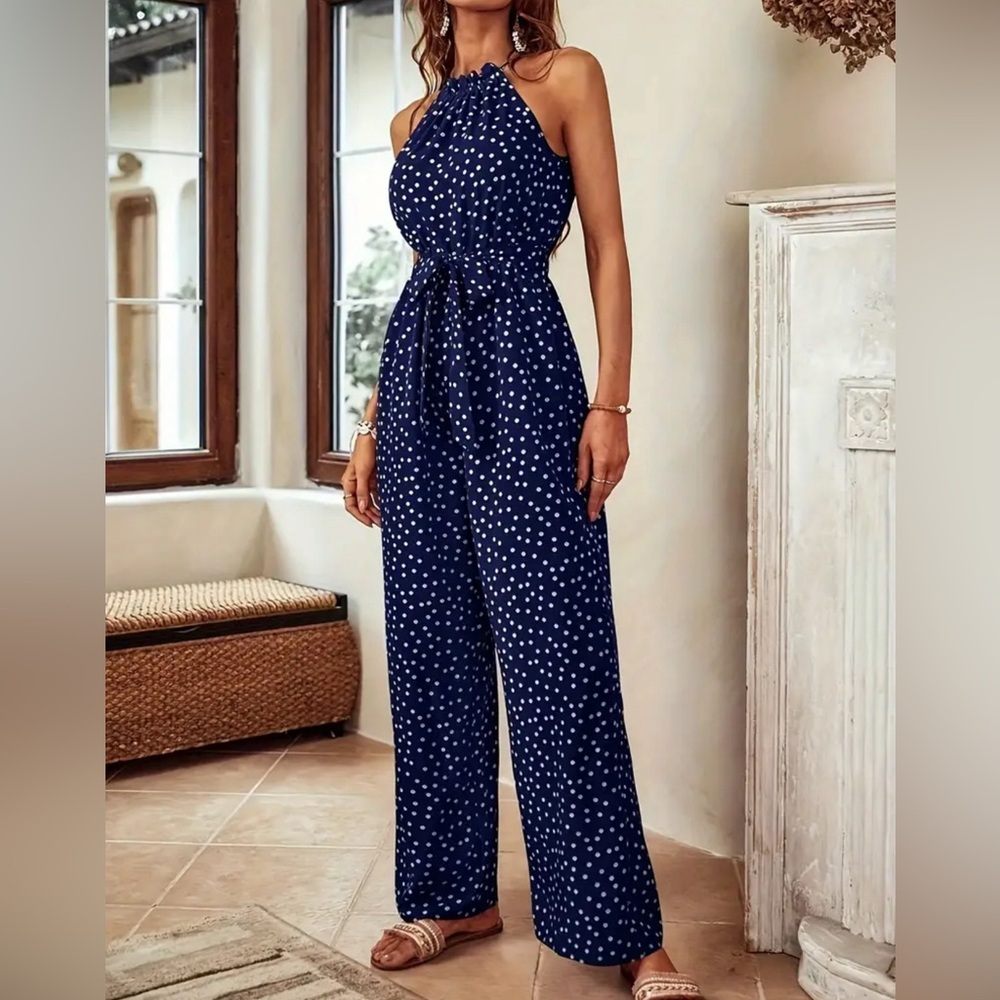 Elegant Geometric Halter Neck Culottes Wide Leg Jumpsuit, Versatile Sleeveless - Picture 4 of 5